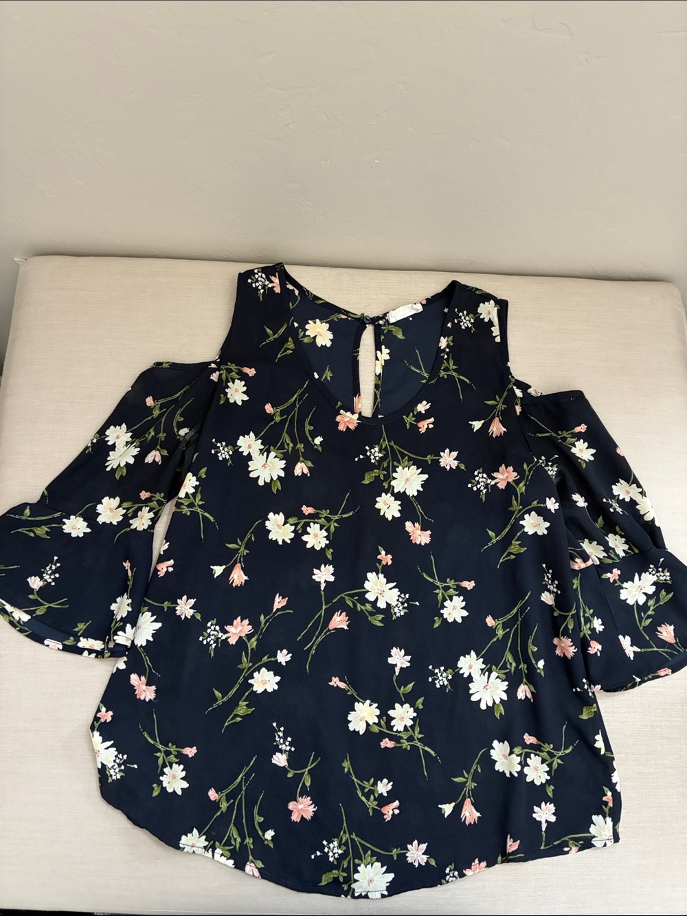 Sienna Sky Navy Floral Cold-Shoulder Top with White & Pink Blooms